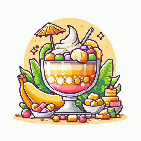 Cup of ice cream with fruits and berries. Vector illustration.のイラスト素材