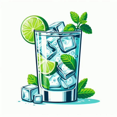 Mojito cocktail with lime, mint and ice cubes. Vector illustration.のイラスト素材