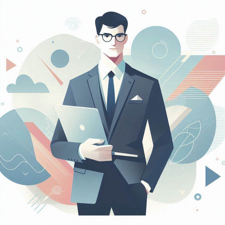 Businessman with laptop in hand. Vector illustration in retro style.のイラスト素材
