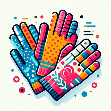 Colorful vector illustration of hands in gloves with abstract pattern on white backgroundのイラスト素材