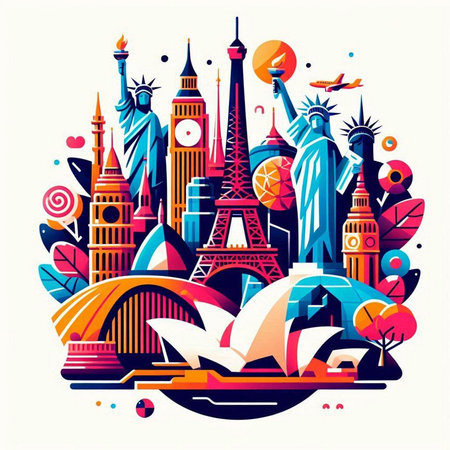Vector illustration of famous world landmarks in flat style. Travel and tourism concept.のイラスト素材