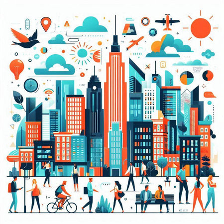 City life, urban landscape with people. Vector illustration in flat styleのイラスト素材