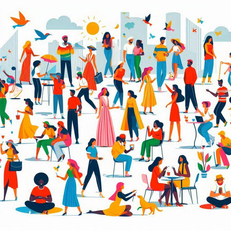 People of different nationalities and cultures in the city. Seamless pattern.のイラスト素材