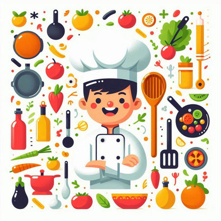 Chef character with vegetables and cooking tools. Vector illustration in flat styleのイラスト素材