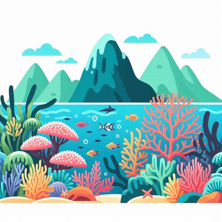 Underwater landscape with corals and fish. Vector cartoon illustration.のイラスト素材