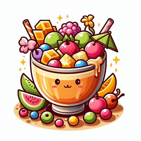 Cute cartoon illustration of a bowl of fruit salad. Vector illustration.のイラスト素材