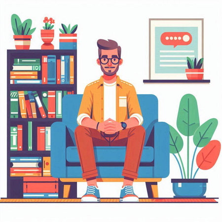 Young man sitting in armchair at home. Vector illustration in flat styleのイラスト素材
