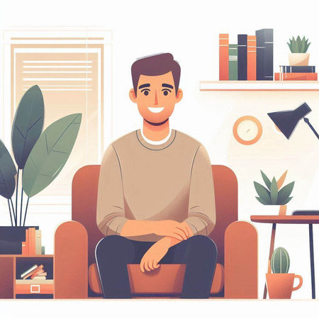 Young man sitting in armchair in living room. Vector illustration.のイラスト素材