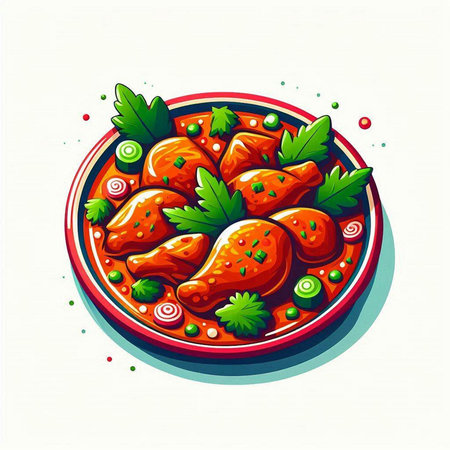 Illustration of a bowl of chicken meat garnished with parsley.のイラスト素材