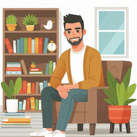 Man sitting on armchair in living room. Vector illustration in cartoon styleのイラスト素材