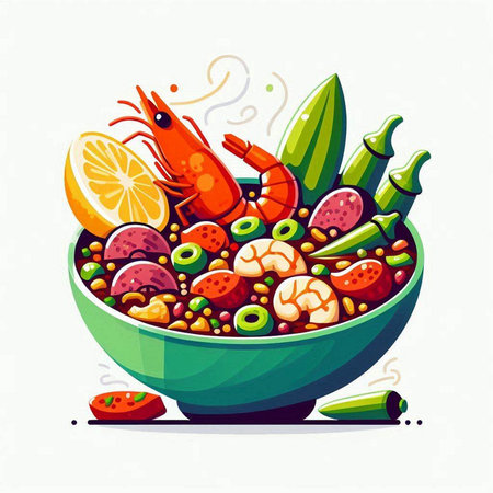 Vector illustration of a bowl of soup with shrimps and vegetablesのイラスト素材
