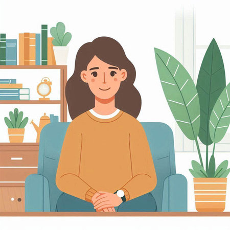 Woman sitting on a sofa in the living room. Vector illustration.のイラスト素材