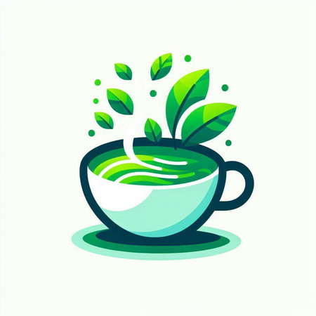 Cup of tea with green leaves. Vector illustration in flat style.のイラスト素材
