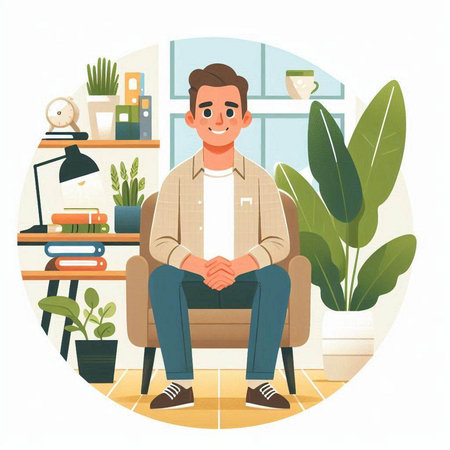 Man sitting in armchair at home. Flat style vector illustration.のイラスト素材
