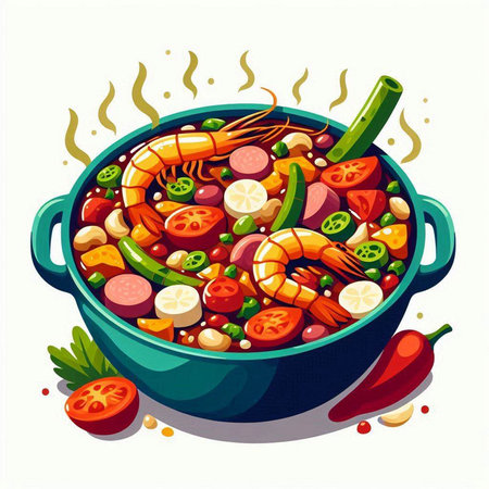 Cooking soup with shrimps and vegetables. Vector illustration.のイラスト素材
