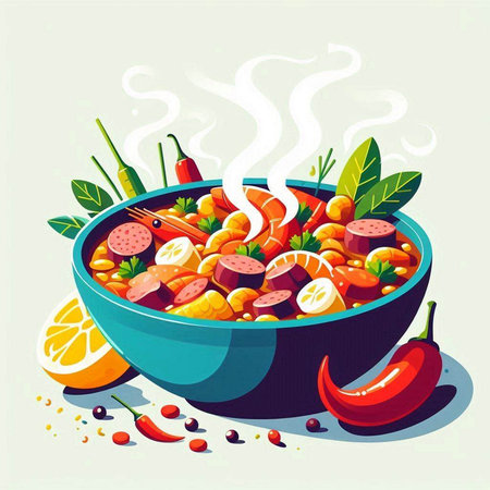 Illustration of a bowl of spicy soup with vegetables and fruits.のイラスト素材