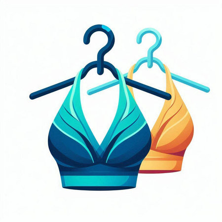 Illustration of a pair of blue and orange swimsuits on a hangerのイラスト素材