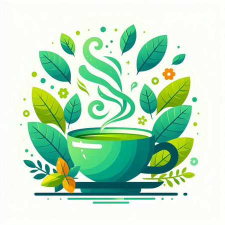 Cup of tea with green leaves and flowers. Vector illustration.のイラスト素材