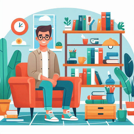 Young man sitting on sofa in living room. Flat style vector illustration.のイラスト素材