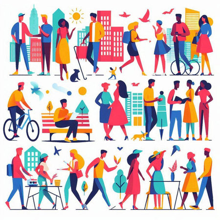 People in the city. Set of people walking in the city. Vector illustrationのイラスト素材