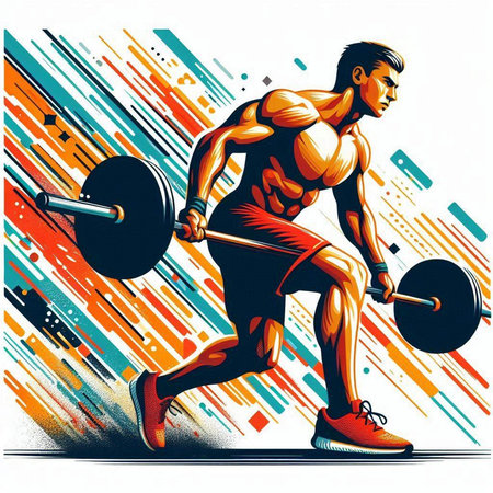 Vector illustration of a strong man lifting a barbell on abstract backgroundのイラスト素材