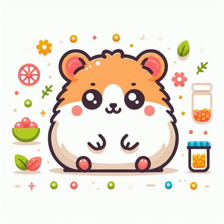 Cute hamster with pills. Vector illustration in cartoon style.のイラスト素材