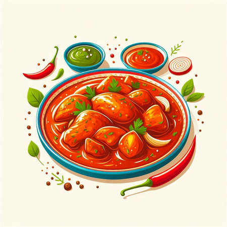 Illustration of a bowl of spicy chicken stewed in tomato sauce.のイラスト素材