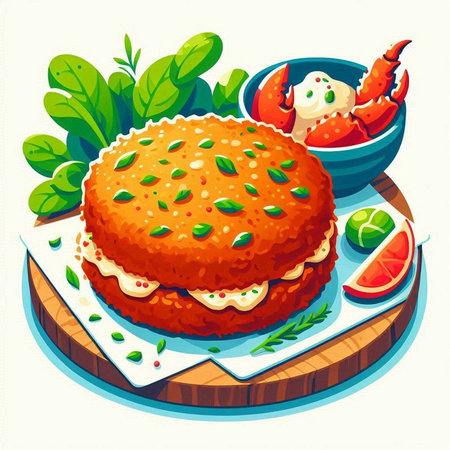 Illustration of crab cake on a wooden board. Vector illustration.のイラスト素材