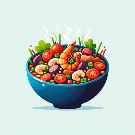 Salad with shrimps and vegetables in a bowl. Vector illustration.のイラスト素材