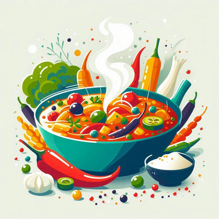 Illustration of a bowl of spicy soup with fresh vegetables and spicesのイラスト素材