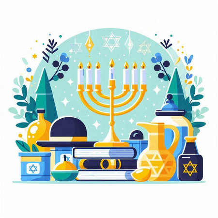 Jewish holiday Hanukkah. Vector illustration in flat style.のイラスト素材