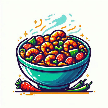 Vector illustration of a bowl of fresh fruit salad with shrimpsのイラスト素材
