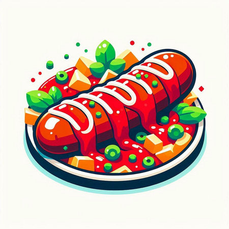 Illustration of a hot dog on a plate. Vector illustration.のイラスト素材