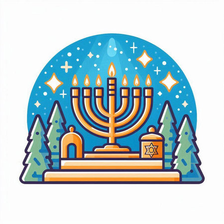 Hanukkah greeting card with menorah, candelabrum, candles and pine trees. Vector illustration.のイラスト素材