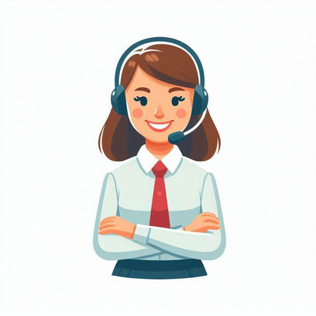 Smiling customer support operator in headset with crossed arms. Vector illustration.のイラスト素材