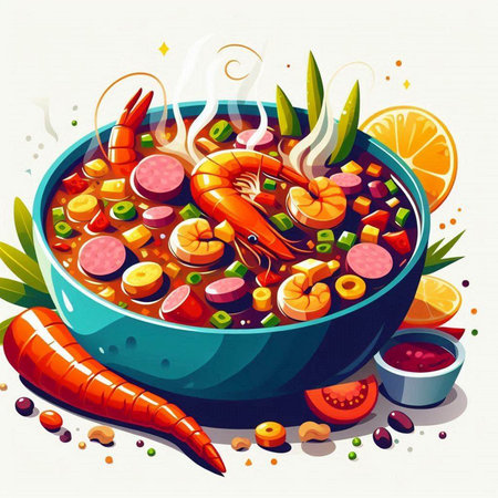 Seafood soup with shrimps and vegetables, vector illustrationのイラスト素材