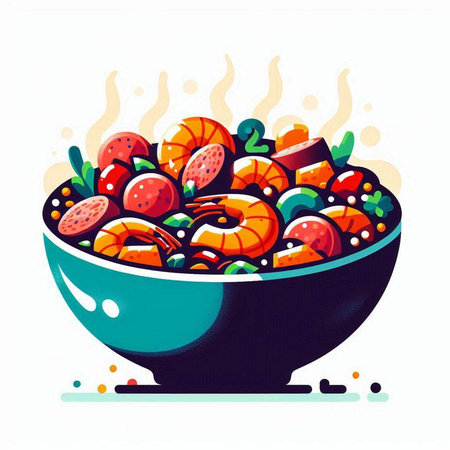 Salad with shrimps in a bowl. Vector illustration.のイラスト素材