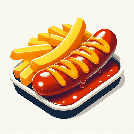 Hot dog with french fries on a white background. Vector illustration.のイラスト素材