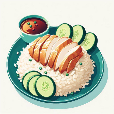 Illustration of a plate of rice with grilled chicken and cucumberのイラスト素材