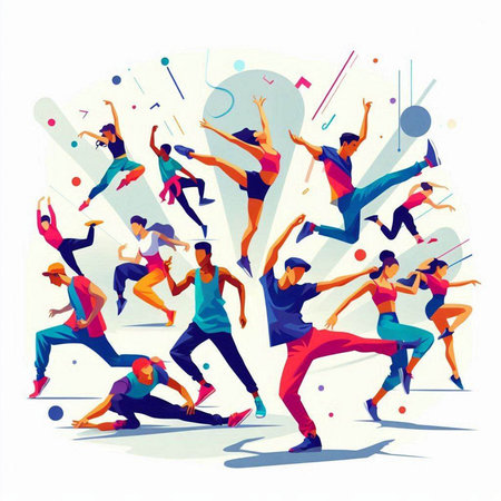 Group of young sportive people dancing and having fun. Flat vector illustration.のイラスト素材