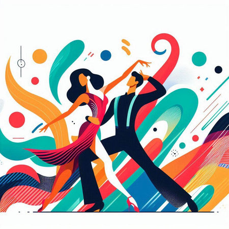 Vector illustration of dancing couple on colorful abstract background. Flat style.のイラスト素材