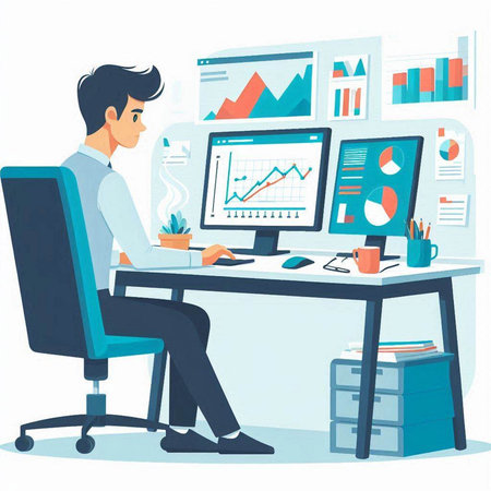 Businessman working on computer in office. Vector illustration in cartoon styleのイラスト素材