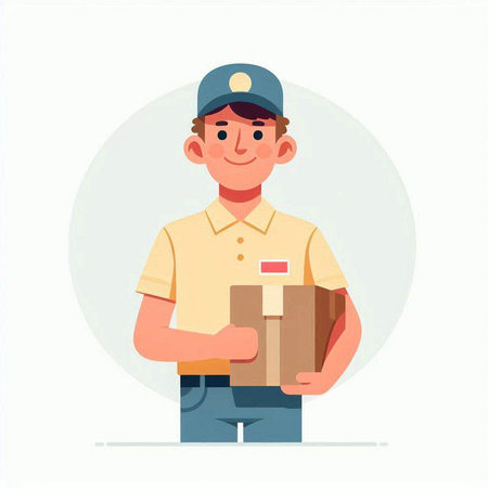 Delivery man in uniform holding box. Vector illustration in flat cartoon styleのイラスト素材