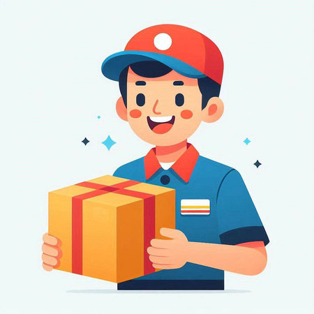 Cartoon delivery man holding a box. Delivery service concept. Vector illustrationのイラスト素材