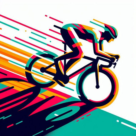 Cyclist Riding a Bike on Colorful Abstract Background, Vector Illustrationのイラスト素材