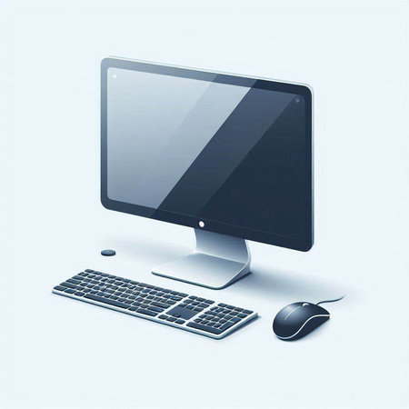 Computer monitor with keyboard and mouse isolated on white background. 3d illustrationのイラスト素材