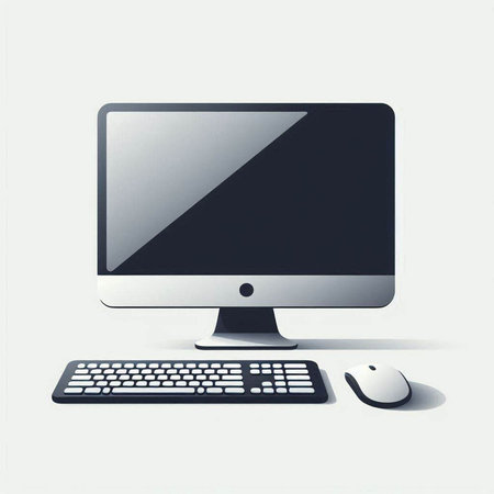 Computer monitor with keyboard and mouse on white background. Vector illustration.のイラスト素材