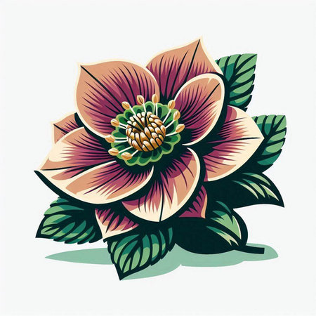 Illustration of a beautiful red dahlia flower with green leavesのイラスト素材