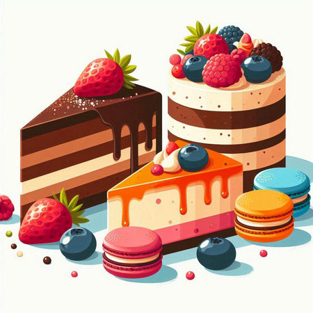 Vector illustration of a delicious cake with berries and macaroons.のイラスト素材