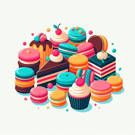Colorful macaroons and cupcakes in round shape. Vector illustration.のイラスト素材